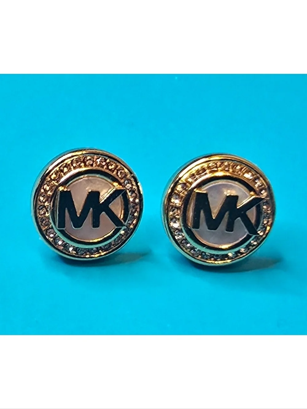 NWT Michael Kors Mother of Pearl Logo Stud Earrings Gold Tone Pave Crystal MK